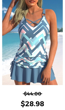 ROTITA Drawstring Dusty Blue Geometric Print Tankini Top