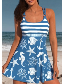 ROTITA Criss Cross Dusty Blue Striped Swimdress Top