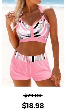 ROTITA Metal Ring Pink Geometric Print Bikini Top