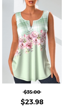 ROTITA Zipper Floral Print Light Green Tank Top