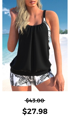 ROTITA Fake 2in1 Black Leaf Print Tankini Top