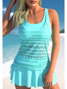 ROTITA Lace Stitching Layered Cyan Tankini Top