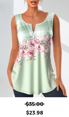 ROTITA Zipper Floral Print Light Green Tank Top
