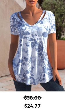 ROTITA Floral Tie Dye Print Dusty Blue Cutout T Shirt