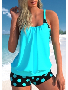 ROTITA Fake 2in1 Cyan Polka Dot Tankini Top