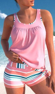 ROTITA Bowknot Pink Multi Stripe Print Tankini Top