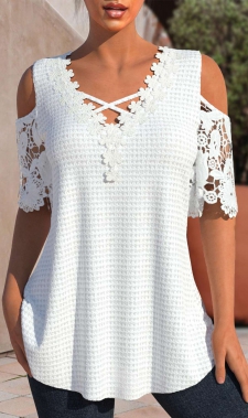 ROTITA Patchwork White V Neck Half Sleeve T Shirt