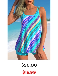 ROTITA Cyan Geometric Stripe Print Tankini Set