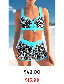 ROTITA Contrast Stitch Floral Print Cyan Bikini Set