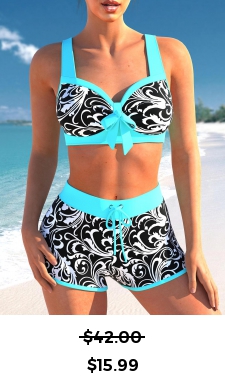 ROTITA Contrast Stitch Floral Print Cyan Bikini Set