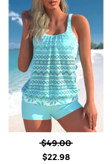 ROTITA Lace Patchwork Cutout Cyan Tankini Set
