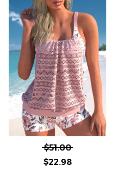 ROTITA Floral Print Lace Patchwork Light Pink Tankini Set