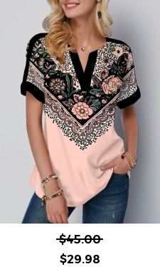 ROTITA Floral Print Light Pink Split Neck T Shirt