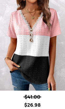 ROTITA Lace Pink V Neck Short Sleeve T Shirt
