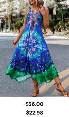 Asymmetry Tie Dye Print Blue H Shape Dress