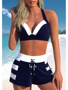 ROTITA Patchwork Navy Striped High Waisted Bikini Set