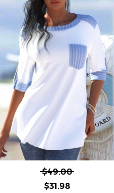 ROTITA Pocket Striped Light Blue Round Neck Blouse