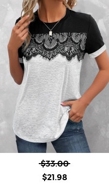 ROTITA Lace Grey Round Neck Short Sleeve T Shirt  $21.98 