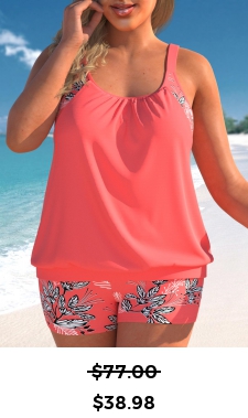 ROTITA Leaf Print Plus Size Coral Red Blouson Tankini Set