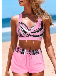 ROTITA Criss Cross Pink Geometric Print Bikini Top