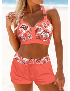 ROTITA Circular Ring Coral Paisley Print Bikini Top