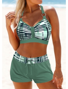 ROTITA Metal Ring Sage Green Geometric Print Bikini Top