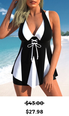 ROTITA Lace Up Contrast Black Swimdress Top