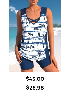 ROTITA Criss Cross Navy Tropical Plants Print Tankini Top