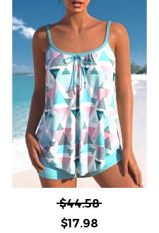 ROTITA Geometric Print Bowknot Light Blue Tankini Set