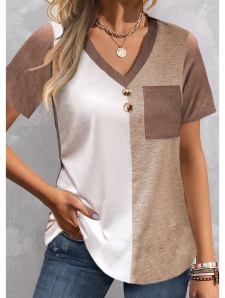 ROTITA Pocket Light Camel V Neck T Shirt
