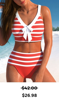 ROTITA Patchwork Coral Striped High Waisted Bikini Set