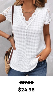 ROTITA Lace White V Neck Short Sleeve T Shirt