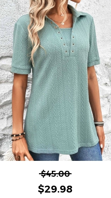 ROTITA Eyelet Mint Green Shirt Collar Short Sleeve Blouse