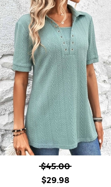 ROTITA Eyelet Mint Green Shirt Collar Short Sleeve Blouse