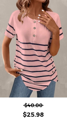 ROTITA Button Striped Light Pink Round Neck T Shirt