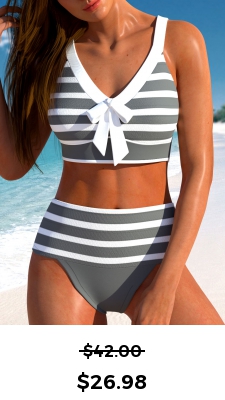 ROTITA Patchwork Grey Striped High Waisted Bikini Set