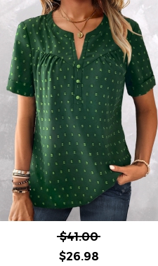 ROTITA Button Green Split Neck Short Sleeve Blouse