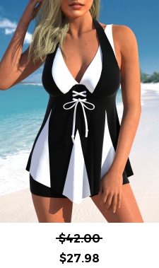 ROTITA Lace Up Contrast Black Swimdress Top