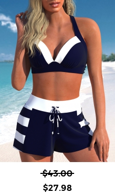 ROTITA Patchwork Navy Striped High Waisted Bikini Set