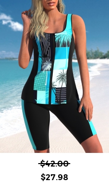 ROTITA Zipper Cyan Tropical Plants Print Tankini Top