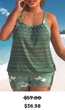 ROTITA Plus Size Floral Print Sage Green Tankini Set