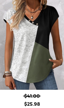 ROTITA Button Design Sage Green V Neck T Shirt