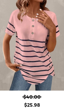 ROTITA Button Striped Light Pink Round Neck T Shirt