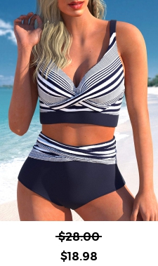 ROTITA Criss Cross Navy Striped Bikini Top