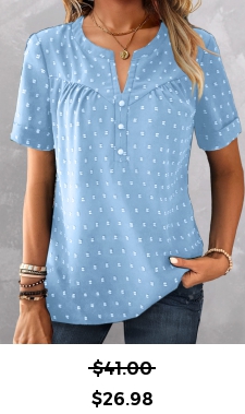 ROTITA Button Sky Blue Split Neck Short Sleeve Blouse