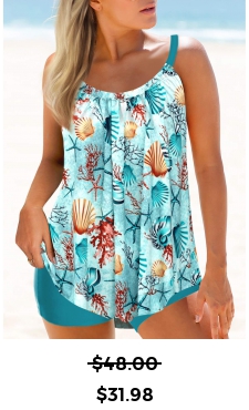 ROTITA Asymmetry Green Plants Print Mid Waisted Tankini Set