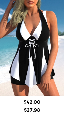 ROTITA Lace Up Contrast Black Swimdress Top