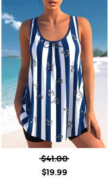 ROTITA Striped Bowknot Navy Blue Tankini Top