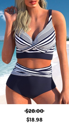 ROTITA Criss Cross Navy Striped Bikini Top