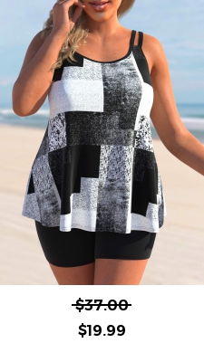 ROTITA Plus Size Black Geometric Print Tankini Top